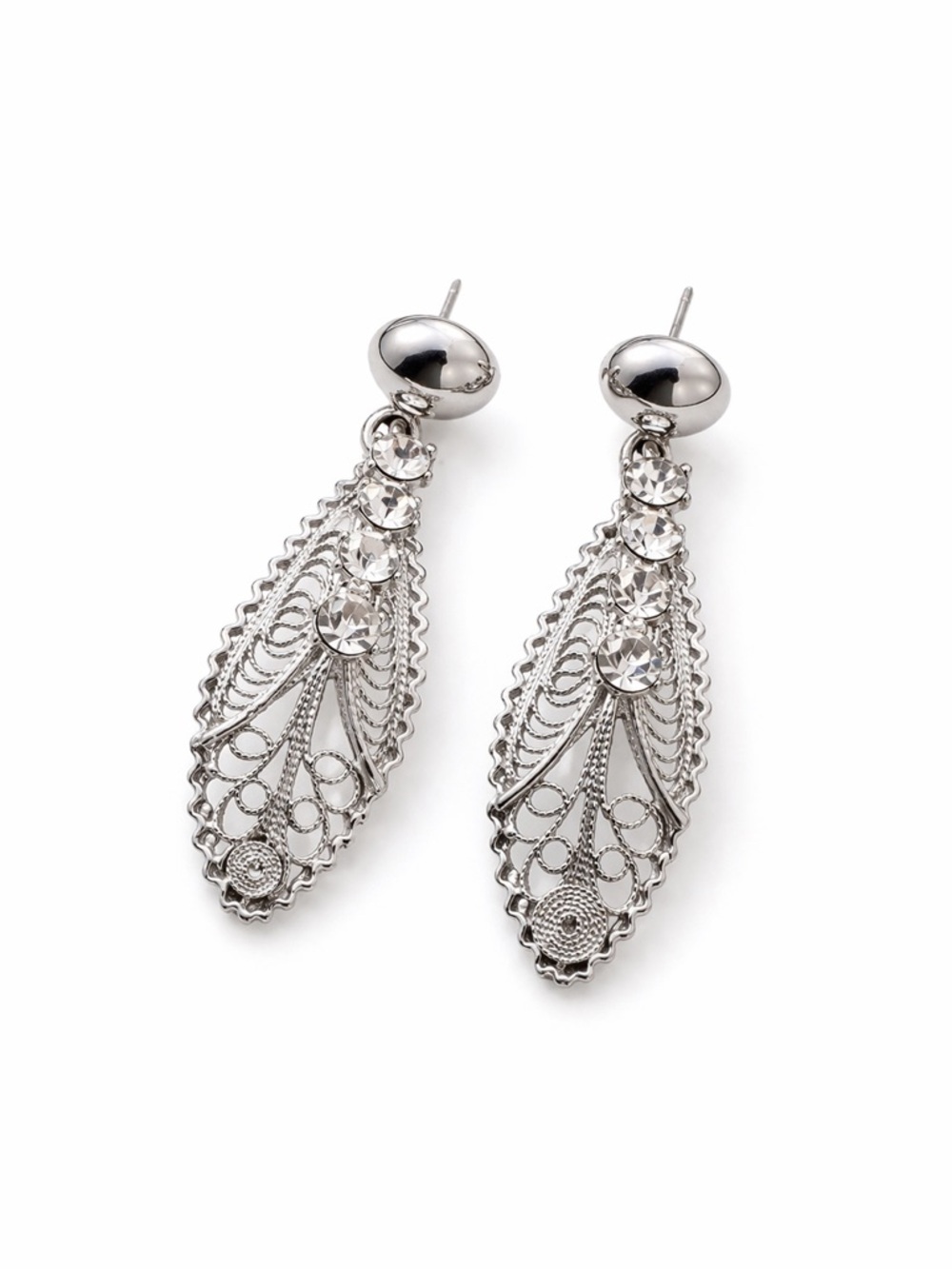 Vintage Style Silver Tone Filigree Rhinestone Drop Earrings – Elegant Statement - Picture 3 of 3
